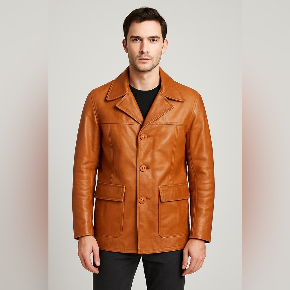 Reed Men's Vintage 1970s Cinnamon Brown Leather Car Coat/Jacket, size L